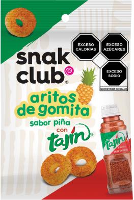Package of pineapple-flavored gummy rings with Tajín seasoning.